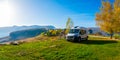 Campervan, Motorhome RV parked nextÂ to the lake or river in Bosnia and Herzegovina. Royalty Free Stock Photo